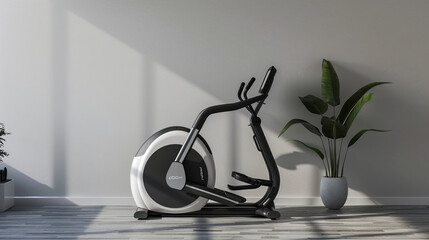 A virtual reality integrated elliptical machine cross trainer placed against a light grey wall, offering users an immersive workout experience.