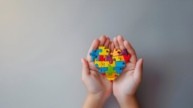 World autism awareness day concept. Children hands holding puzzle heart on grey background. generative ai