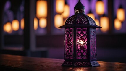 beautiful purple lantern, blurred lantern light background with copy space. Generative AI