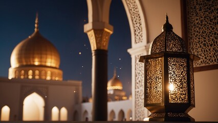 Fototapeta na wymiar A lantern with light inside. blurred beautiful mosque background. Large copy space, suitable for Eid Mubarak or Ramadan Kareem greeting cards. Generative AI