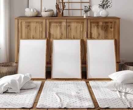 Mockup Frame Set in a Children's Room with Natural Wooden Furniture. Presented in 3D Render. Made with Generative AI Technology