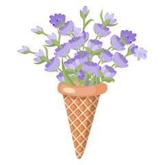 Lavender flowers in an ice cream cone. Vector illustration isolated on white background.