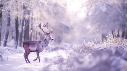 Against a backdrop of trees painted in hues of lavender and lilac, a noble deer wanders through the snow-covered forest, its coat adorned with shades of soft mint green.  