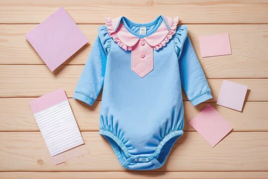 Top-View Photo Mockup of a Blue Baby Romper and a Pink Empty Note on a Wooden Table