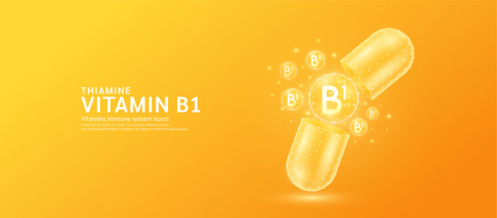 Vitamin B1 pill drug capsule open with orange bubble ball float out in style polygon. Collagen and minerals antibiotic supplement essential health care. Medical and pharmacy concept. Banner vector. - obrazy, fototapety, plakaty