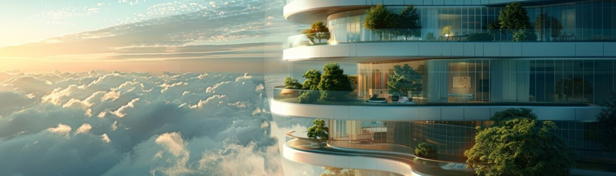 A modern luxury apartment building towers over a sea of clouds, bathed in the warm light of a rising sun.