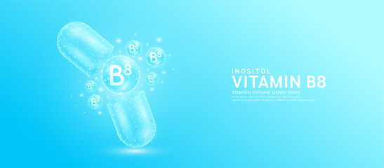 Vitamin B8 or Inositol pill drug capsule open with blue bubble ball float out in style polygon. Collagen and minerals antibiotic supplement essential health care. Medical and pharmacy concept. Vector.