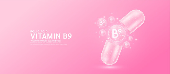 Vitamin B9 pill drug capsule open with pink bubble ball float out in style polygon. Collagen and minerals antibiotic supplement essential health care. Medical and pharmacy concept. Banner vector.