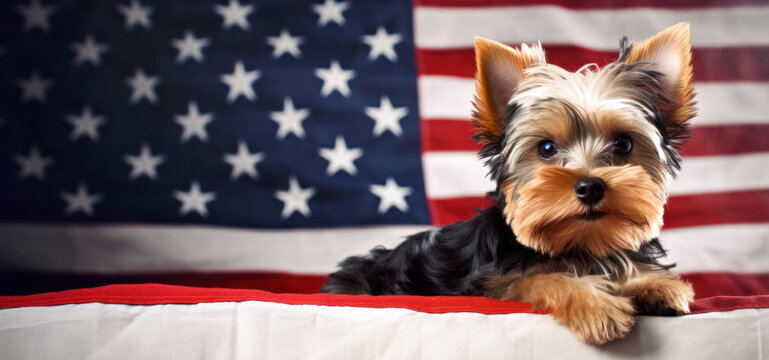 Portrait of a small dog, a Yorkshire Terrier, on the fen of the American flag. Concept dog day, flag day, independence day - Powered by Adobe