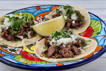 メキシコのバルバコアの牛肉のタコス（ビーフタコス）コピースペースあり
Mexican barbacoa beef tacos　(Tacos de barbacoa de res) with copy space
