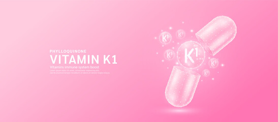 Vitamin K1 pill drug capsule open with pink bubble ball float out in style polygon. Collagen and minerals antibiotic supplement essential health care. Medical and pharmacy concept. Banner vector.