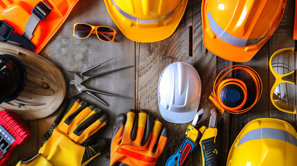 Construction Safety Equipment on Wooden Background