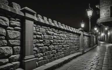 Vertical grayscale image taken at night of a stunning stone fence on a historic structure 