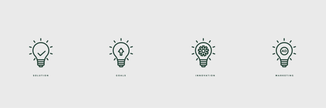 Light icon set, outline, with, solution, innovation, goal, marketing. Simple design. Vector illustration