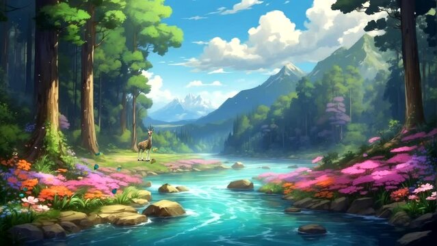 Beautiful natural scenery of forests, rivers and flowers blooming butterflies dancing in spring Seamless looping 4k time-lapse animation video background