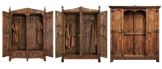 Medieval old wooden wardrobe design, isolated cutout object on transparent background