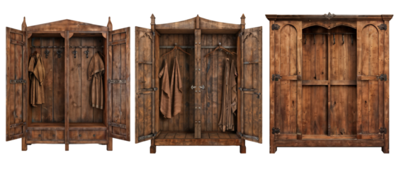 Medieval old wooden wardrobe design, isolated cutout object on transparent background
