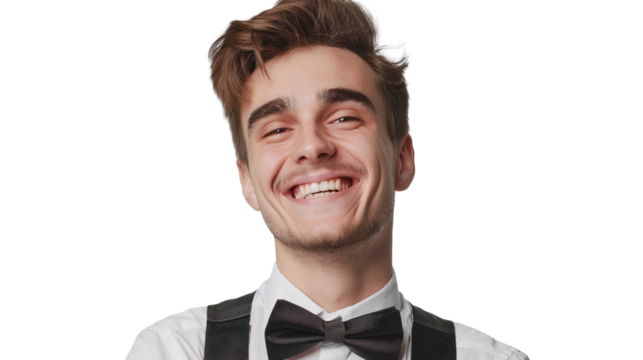 Portrait of a happy smiling waiter worker in bow tie, isolated on transparent background