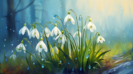 close first beautiful spring flowers snowdrops with rain