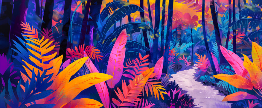 Tropical forest hike trail, colorful neon nature purple palm tree background with orange sunset. Active lifestyle with jungle adventure trek, exercising outdoors among pink and blue banana leaves