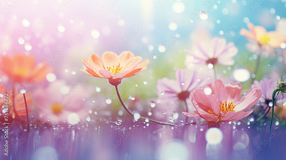 Wall mural beautiful spring flowers rain drops abstract blurred background