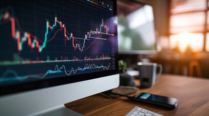 trading market with stock charts on desktop computer screen - obrazy, fototapety, plakaty