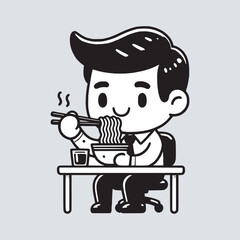 cartoon office worker man enjoying eating ramen noodles black and white vector illustration