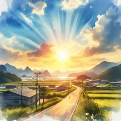 Gordijnen Sunny landscape watercolor painting © Vng