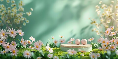 Happy Easter Egg Day over a pale green backdrop with a 3D product egg backdrop for an Easter podium and space, Generative AI.