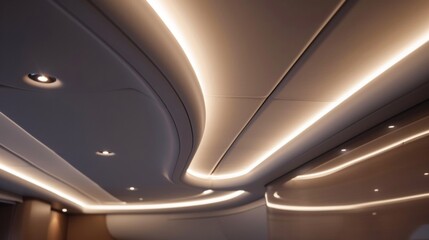 A minimalist yet intricate lighting design within a yacht cabin with LED strips integrated seamlessly into the walls and ceiling. The patterns and colors of the lights can