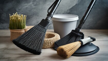 a sleek and modern WBM Home broom, brush, and dustpan set with streamlined shapes and contemporary aesthetics. The composition should feature a monochromatic color scheme with chrome accents, providin