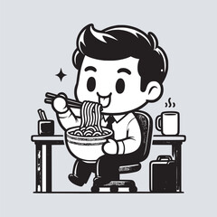 cartoon office worker man enjoying eating ramen noodles black and white vector illustration