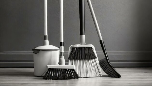 broom and shovel.a futuristic WBM Home broom, brush, and dustpan set with innovative features such as self-cleaning brushes and telescopic handles. The composition should incorporate advanced material