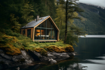Sublime Isolation: A Quaint Fjord Cabin Amidst Norway's Pristine Nature - obrazy, fototapety, plakaty