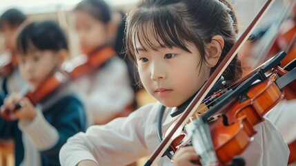 In a music class, young female chinese students devote themselves to learning the violin focusing on music and space, Generative AI. - obrazy, fototapety, plakaty