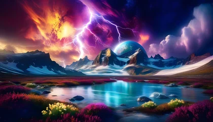 Fotobehang A digital art piece of a planet with icy terrain and surreal, colorful flora, with dramatic clouds in the sky © Iqra