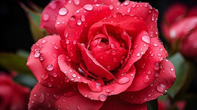 Beautiful red rose with dew drops close-up macro photography