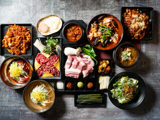 Fresh raw meat and various foods