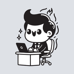 cartoon office worker man full of motivation spirit working black and white vector illustration