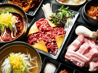Fresh raw meat and various foods