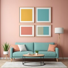 living room wall 3 tables frame mock up realistic daylight soft colour 45 degree angle