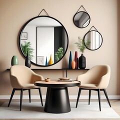 modern minimalistic living room, black table, beige chairs, round mirror with wooden frame