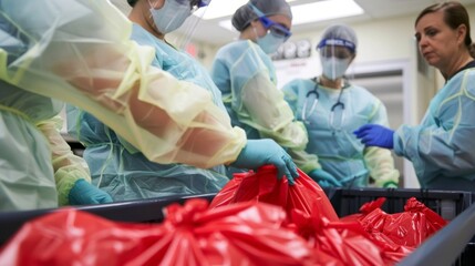 A group of healthcare workers wearing protective gear and gloves carefully place red biohazard bags into a specialized medical waste disposal bin. - obrazy, fototapety, plakaty