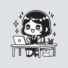 cartoon office worker woman full of motivation spirit working black and white vector illustration