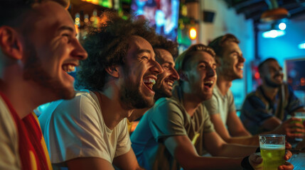 Obraz na płótnie Canvas A group of young men are sitting at the bar laughing and looking happy while watching soccer games