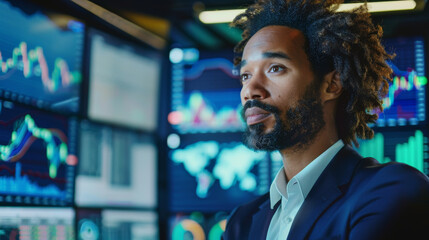 A middle-aged black businessman dressed professionally in a suit is intently focused on the stock market screens in front of him