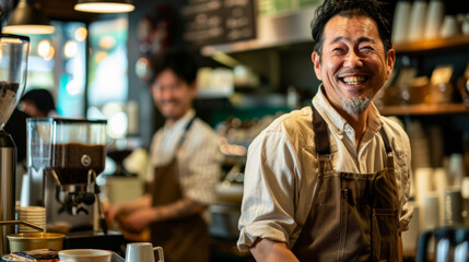 The middle-aged baristas dressed in their uniforms are warmly greeting customers with a smile in the cafe