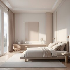 A neutral color palette dominates the room, with shades of white, beige, and light gray adding to the minimalist aesthetic.