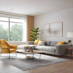 Naklejka na ściany i meble The minimalist living room features clean lines and an open space layout, creating a sense of tranquility and spaciousness.