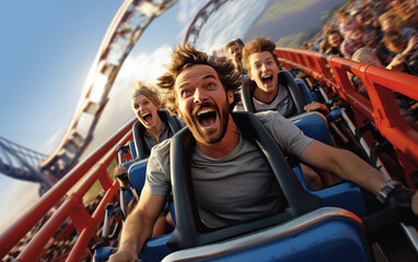 Happy tourist rides roller coaster, cheering with open arms.